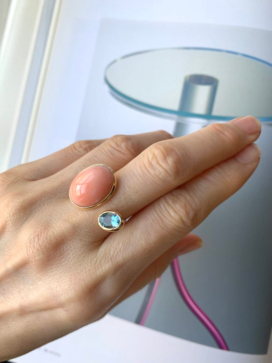 ＃143　３月誕生石　珊瑚とアクアマリンリング